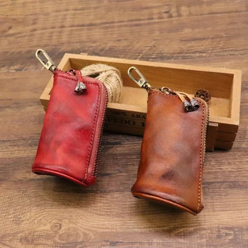 Мужская кожаная сумка для ключей, держатель для брелка, модная домашняя сумка для хранения на молнии в стиле ретро, двойной набор ключей, сумка для ключей от автомобиля для мужчин