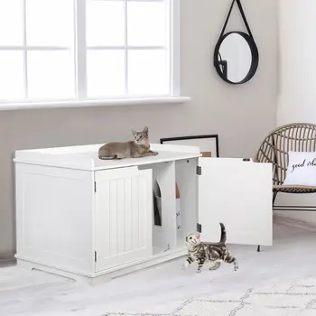 Скамейка для хранения кошачьих туалетов, крышка для ящика для мусора с прочной деревянной конструкцией белого цвета