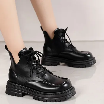 Женская обувь 2023, женские ботильоны на платформе, Классические современные ботинки, женские однотонные туфли на шнуровке с круглым носком, ажурные туфли на каблуке, женские