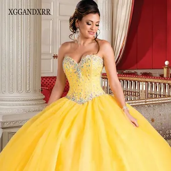 Элегантное желтое бальное платье, пышные платья 2023, милые кристаллы, горный хрусталь, шлейф, милое платье для вечеринки на день рождения 15-16