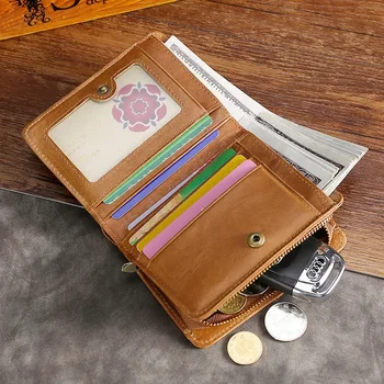 Мужской короткий кошелек Amazon из кожи с горячим маслом и воском, сумка на молнии, кошелек для монет, многофункциональный кошелек с функцией RFID для нескольких карт.