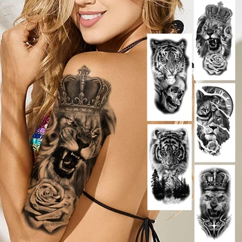 Временные татуировки в виде Короны Короля Льва Для женщин, мужчин и взрослых, Черный Тигр, Лесной Череп, Наклейка с татуировкой, Искусственный Скелет, Модная Татуировка в виде Цветка