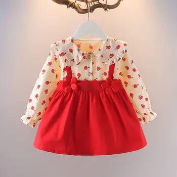 Платье с длинными рукавами для девочек Весна и осень, дети 1-2-3-4 лет, повседневное платье-поло с воротником-стойкой и фрагментированным цветочным рисунком