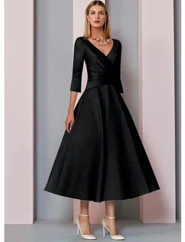 Короткие атласные платья для выпускного вечера с V-образным вырезом и карманами, Трапециевидные складки на рукавах длиной до половины чайной длины для женщин