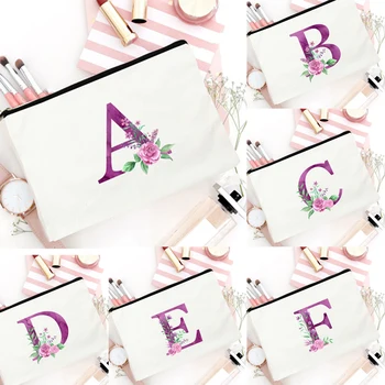 Фиолетовые буквы, красивые цветы, многоразовая косметичка, холщовая коробка для макияжа в стиле Харадзюку, складная сумка для губной помады, дорожная сумка