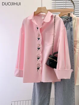 DUOJIHUI Весенняя Розовая шикарная свободная женская рубашка с цветочными пуговицами, новые винтажные однотонные модные простые повседневные женские рубашки размера S-XL