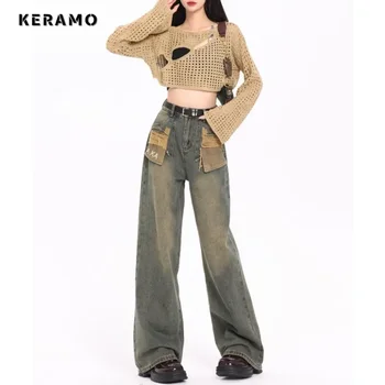 Женские широкие мешковатые джинсовые брюки Y2K, Винтажные повседневные прямые джинсы в уличном стиле с высокой талией, рваные брюки в стиле пэчворк