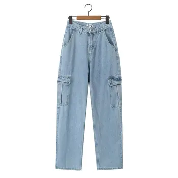 2023 Осень Зима, женские длинные джинсовые брюки с боковым карманом, уличная одежда, широкие джинсовые брюки с высокой талией