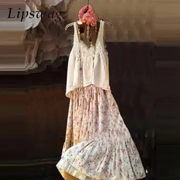 Модное винтажное платье в стиле Харадзюку с цветочным принтом, повседневное Свободное длинное платье без рукавов на бретельках, женское летнее плиссированное платье трапециевидной формы в стиле пэчворк