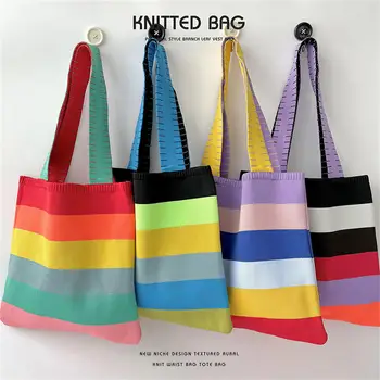 2023, Новый дизайн, вязаные женские сумки через плечо радужных цветов, Классическая большая сумка для покупок, повседневные женские сумки, женская сумка-тоут