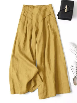 ZANZEA Модные Женские Широкие брюки, женские рабочие хлопковые Палаццо, Однотонные Свободные Длинные панталоны, Осенние повседневные брюки с эластичной резинкой на талии