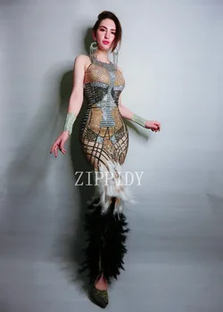 Новый модный дизайн, одежда для дня рождения со стразами и перьями, эластичное цельное платье для выступлений с камнями