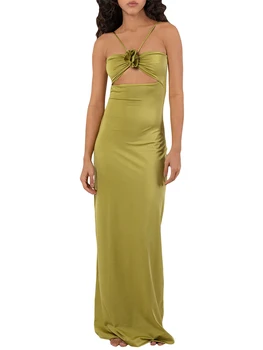 Женское платье Y2K с 3D цветочным сексуальным вырезом без бретелек и бретелек, платье с разрезом на шее, Атласное коктейльное платье-футляр