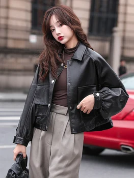 Черные Корейские Кожаные куртки, женская Зимняя модная байкерская куртка на пуговицах, Женская уличная одежда С карманами, Свободные повседневные пальто