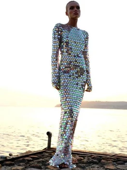 ХАЙ-СТРИТ, новейшая мода 2023, Дизайнерское женское вечернее платье с открытой спиной и длинным рукавом, расшитое блестящими блестками