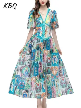 Платья хитовых цветов с принтом KBQ для женщин, глубокий V-образный вырез, рукав-фонарь, высокая талия, пуговицы в стиле пэчворк, платье для похудения, женская мода