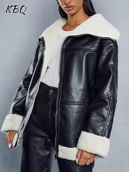 KBQ Хитовая цветная повседневная кожаная куртка из овечьей шерсти в стиле пэчворк для женщин с лацканами, длинным рукавом, застежкой-молнией, свободное теплое зимнее пальто, женское