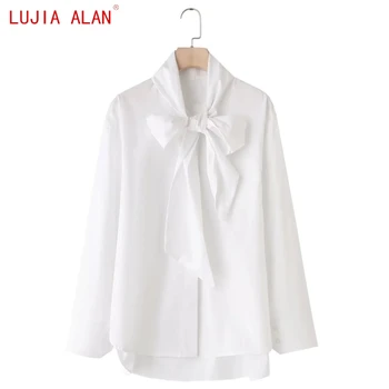 Новая женская белая рубашка со стоячим воротником на шнуровке и бантом, женская блузка с длинными рукавами, повседневные свободные топы LUJIA ALAN B2890