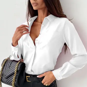 Рубашка с отворотом, стильная женская блузка с отворотом, элегантная весенне-осенняя однобортная рубашка с длинными рукавами для поездок на работу, женская