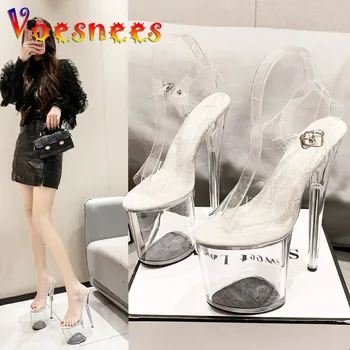 Летние женские босоножки Прозрачное свадебное платье на платформе, туфли на высоком каблуке 20 см, модель из прозрачного хрусталя, показ мод, туфли-лодочки на тонком каблуке