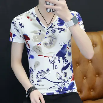 Летняя корейская мужская футболка ice silk с короткими рукавами, облегающим силуэтом, v-образным вырезом и цветной футболкой размера плюс M-3XL