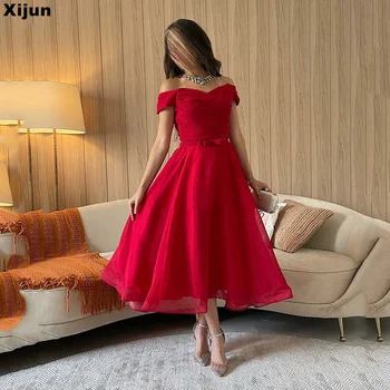 Выпускные платья Xijun Red Трапециевидной формы, Элегантное шифоновое вечернее платье чайной длины с открытыми плечами, вечерние платья для официальных мероприятий, Vestidos De Novia