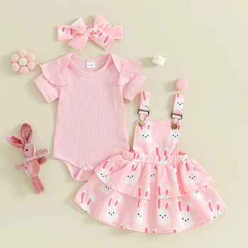Милый комплект одежды для маленьких девочек, комбинезон с короткими рукавами и цветочными подтяжками, юбка-повязка на голову, летний комплект одежды