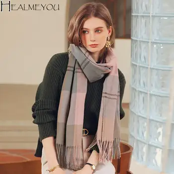 Новый осенне-зимний кашемировый шарф в клетку, Мягкий теплый классический шарф с кисточками, женская теплая шаль-шарф