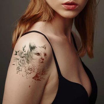 Водонепроницаемая временная татуировка Наклейка Реалистичный Белый кот Простой цветочный дизайн Поддельные татуировки Флэш-татуировки Боди-арт для рук для женщин и мужчин