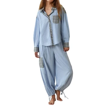 Женский Рождественский пижамный комплект, полосатая праздничная пижама на пуговицах, рубашка с длинным рукавом и брюки, пижама для отдыха, пижамная одежда для отдыха