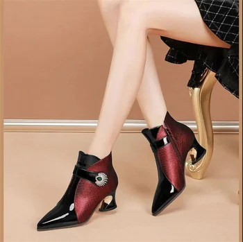 Модные милые темно-синие туфли из лакированной кожи высокого качества на квадратном каблуке, женские удобные осенние каблуки Zapato Tacon Alto C6193