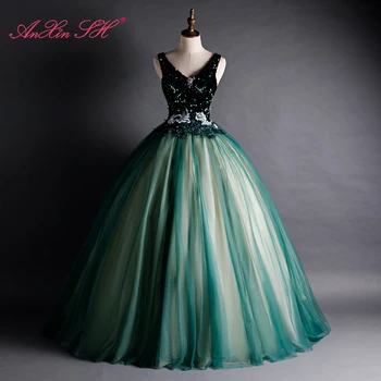 AnXin SH vintage princess темно-зеленое кружево с v-образным вырезом, без рукавов, расшитое бисером, хрустальный цветок, бальное платье невесты, вечернее платье ведущей вечеринки