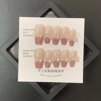 Корейская розовая печать на ногтях ручной работы, Дизайн со стразами Aurora, Многоразовые накладные ногти Y2k с бантом средней длины в виде звездочек.