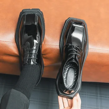 Мужские туфли-дерби из искусственной кожи на толстой подошве с квадратным носком, модная деловая официальная обувь, нескользящая удобная профессиональная мужская обувь
