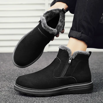 Fujeak/ Зимние нескользящие мужские ботинки из коровьей замши, теплые зимние ботинки для мужчин, рабочие повседневные кроссовки, высокие однотонные черные хлопчатобумажные ботинки