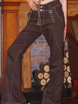 Коричневые винтажные расклешенные брюки для женщин Y2k, уличная одежда, заниженная талия, широкие джинсы, Корейская мода, длинные брюки-карго