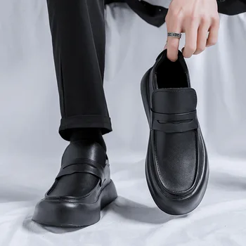 мужское повседневное деловое офисное платье, обувь из натуральной кожи, ленивая обувь без застежки, черные дышащие лоферы на платформе, мужская обувь