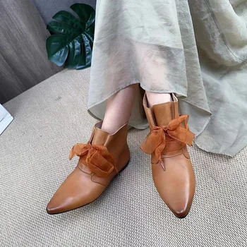YourSeason 2023 / Осенне-весенняя винтажная женская обувь из натуральной кожи, современные короткие ботинки ручной работы на шнуровке с острым носком