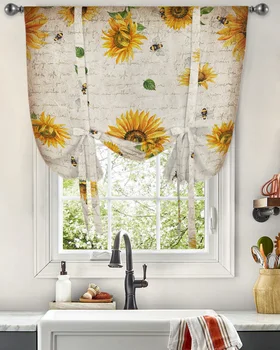 Занавеска в стиле кантри с цветами подсолнуха для гостиной, кухни, короткие занавески на завязках, Регулируемые карманные шторы на штанге