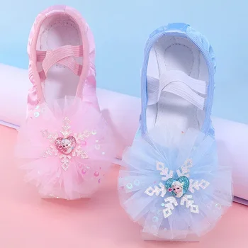 Танцевальная обувь для детей, женская обувь на мягкой подошве, сине-розовая танцевальная обувь для девочек, детская обувь принцессы-балерины