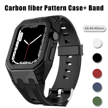 Чехол из углеродного волокна + ремешок для Apple Watch Band 8 7 45 мм Силиконовый чехол для ПК iwatch series 6 SE 5 4 44 мм 42 мм Резиновый браслет