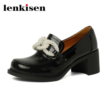 Lenkisen/ натуральная кожа, круглый носок, высокие каблуки, жемчужные украшения, юная леди в элегантном стиле, повседневная одежда, уютные женские туфли-лодочки без застежки, L31