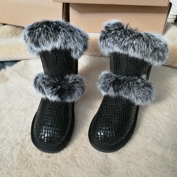 Зимние ботинки больших размеров 41-43, зимние ботинки из натуральной коровьей кожи, замши, натурального меха кролика, хлопковые ботинки с бархатной подкладкой, водонепроницаемая нескользящая обувь