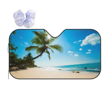 Нетронутый тропический пляж Универсальный солнцезащитный козырек Ветровое стекло 76x140 см Морской пейзаж Солнцезащитный козырек из алюминиевой фольги для защиты от солнца