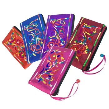 5 шт., женский кошелек с двусторонней вышивкой цветами, винтажный шелковый кошелек, футляр для ключей, женские кошельки, длинные кошельки на молнии, сумка Оптом