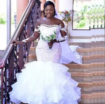 Иллюзионные Свадебные платья Русалки в Африканском стиле с длинными рукавами, шлейф из многослойного тюля, свадебные платья на заказ