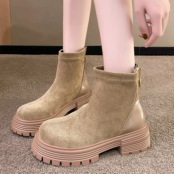 Женская обувь в продаже 2023 Модные женские ботинки на молнии Зимние однотонные ботинки из флока с круглым носком, водонепроницаемая женская обувь на платформе