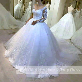 Принцесса Бальное платье Свадебное платье с длинным рукавом платье невесты с V образным вырезом плюс размер robe de mariee Кружевное свадебное платье с бисером