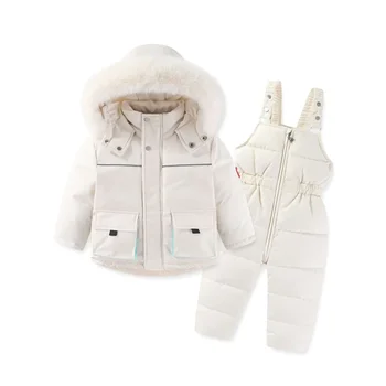 2023 Высококачественная детская лыжная одежда, комплекты из 2 предметов, ветрозащитная зимняя куртка и брюки, теплый костюм с хлопчатобумажной подкладкой толщиной 30 ° C.