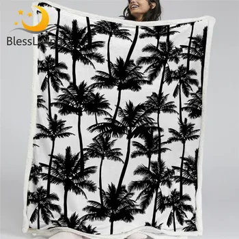 BlessLiving Пальмовые одеяла для кровати, плюшевое одеяло с тропическими листьями, черно-белое Шерп-флисовое одеяло, растительное покрывало
